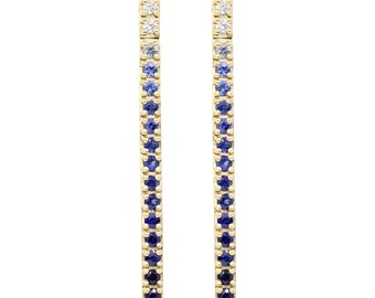 White Diamond & Blue Sapphire 14K Yellow Gold Straight Bar Dangle Earrings | Birthstone | Gemstone Earrings