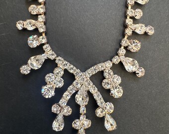 Crystal Teardrop Statement Necklace - Clear Rhinestone Bridal Jewelry