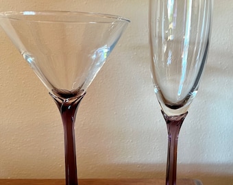 Vintage Libby Domaine Champagne Flute & Martini Glass: Retro Purple Stem 1980’s Replacement