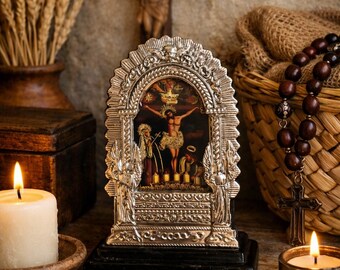 Señor de los Milagros Altar – Silver Frame Catholic Devotional Art 3 1/2” x 5”