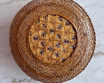 Vintage Hand-woven Split Bamboo Basket Floral Geometric 11.5" Boho Decor