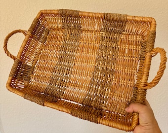Vintage Bamboo Rattan Large Serving Tray Basket With Handles 19”x15”x4”