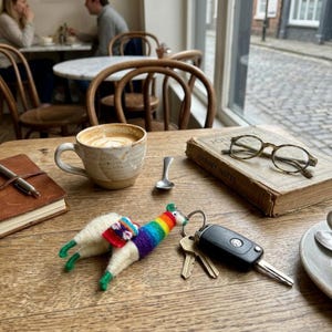May include: A felted llama keychain featuring a rainbow-colored body and a small patterned saddle, attached to a metal key ring with a black car key. The keychain is resting on a wooden table next to a ceramic coffee mug, a spoon, and a book.