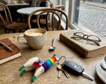 Peruvian Alpaca Keychain, Handmade Llama Keychain, Colorful Textile Bag Charm, Boho Andean Souvenir Gift, Cute Mini Llama Pom Pom Charm