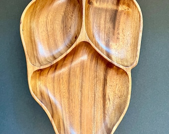 Tiki Monkeypod Wood Tray: Vintage Carved Leaf Shaped 3 Section Divided 16 1/2" x 9 1/2"