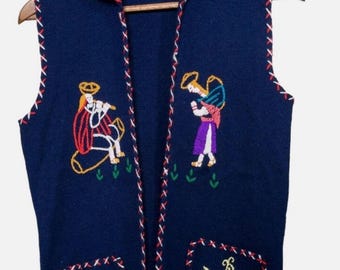 Peruvian Farmer Vest Hand Knit Blue Size S Embroidered Unique Womens