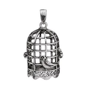 May include: A silver-colored pendant in the shape of a birdcage. The cage has a detailed, openwork design with a small bird inside. The pendant includes a loop for a chain and decorative scrollwork at the base.