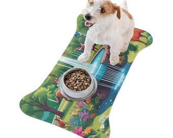Whimsical Forest Pet Feeding Mat: Plush Polyester, Anti-Slip