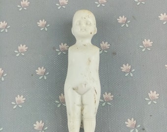 Antique Porcelain Doll , German Bisque dollhouse doll ,  porcelain torso, doll parts, damaged, Hertwig, Limbach, 4.1" , doll art