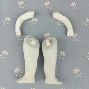 Può includere: Quattro parti di bambola in porcellana: due gambe, due braccia. I pezzi sono bianchi e hanno una superficie leggermente ruvida.