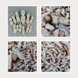 May include: A collection of small, off-white porcelain doll figures and a large assortment of detached doll limbs, including arms, legs, and torsos, featuring various weathered textures, some with dark staining and signs of age and wear.