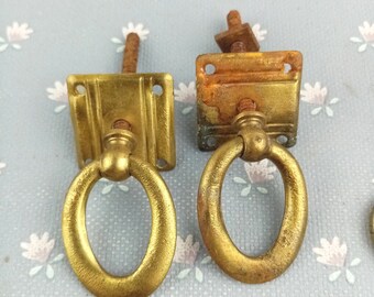 Antique  Brass Cabinet Handels 2x , Ring Pull with plate , Art Nouveau, Cabinet Furniture, Artists supply, Assemblage Art