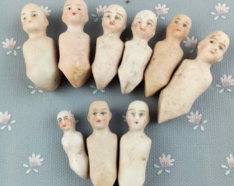 Excavated antique Dolls, German porcelain doll Torsos, Dollhouse Size Doll, doll parts of various sizes and styles, Damaged parts