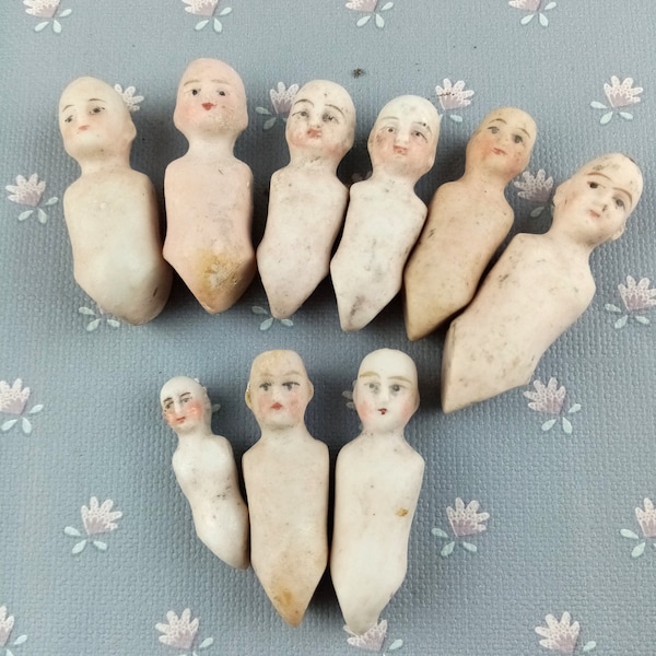 Excavated antique Dolls, German porcelain doll Torsos, Dollhouse Size Doll, doll parts of various sizes and styles, Damaged parts