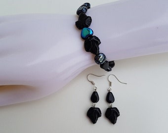 Bracelet/ Earrings/ Black/ Set: Bracelet And Earrings/ Various Shapes/ Oval/ Leaves/ Hearts/ Oval Black Beads/ Gift For Her/ Present Women