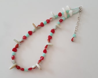 Red Choker, Green Red  Beige Necklace, Light Green and Red Necklace, Unique Gift for Her, Handmade Gift