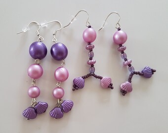 Boucles D'oreilles Pendantes Violettes, Boucles D'oreilles Pendantes Roses, Boucles D'oreilles Coquilles, Cadeau Pour Soeur, Cadeau