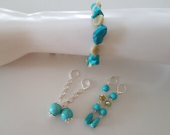 Bracelet Et Boucles D‘Oreilles, Bracelet Turquoise, Boucles D’oreilles Pendantes Turquoises, Cadeau, Cadeau Pour Elle, Cadeau Pour Femme
