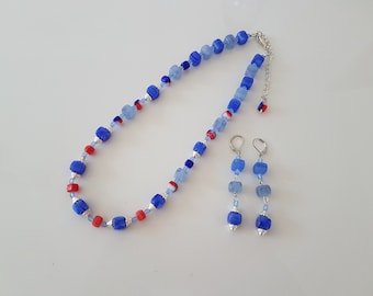 Collier Et Boucles D’oreilles Bleu Rouge, Ensemble Des Bijoux Rouge Bleu, Collier, Boucles D’oreilles, Set Cadeau, Uniques Bijoux Faits Main
