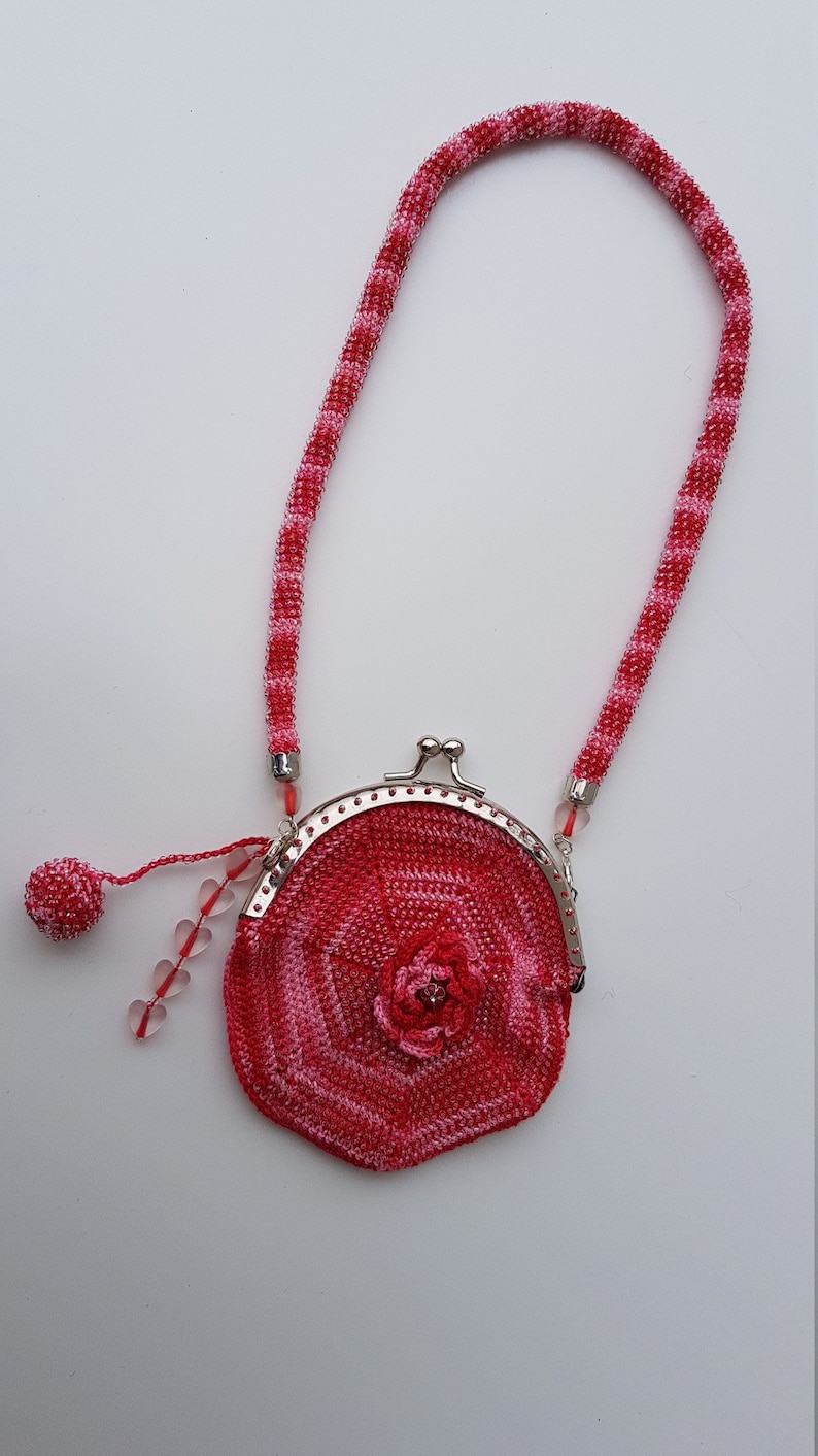 Crocheted With Little Transparent Beads Ladies Wallet Coin Purse Red Pink Clutch Kissing Clasp Card Holder Gift For Her Gift For Women