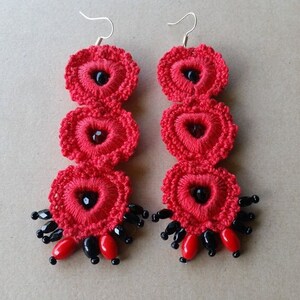 Earrings, Red Earrings, Red Crocheted Earrings, Black Red Earrings, Gift For Women, Present For Girlfriend, Birthday Gift, Gift for Sister
