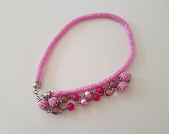 Pink Necklace, Pink Seed Bead and Jadeite Bead Necklace, Transformed Jewelry, Unique Handmade Necklace, Birthday Gift