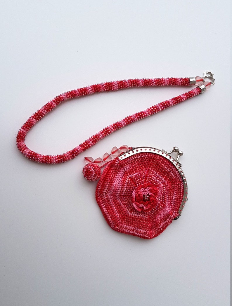 Crocheted With Little Transparent Beads Ladies Wallet Coin Purse Red Pink Clutch Kissing Clasp Card Holder Gift For Her Gift For Women