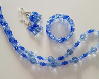 Collier, Boucles D‘Oreilles, Bracelet, Sautoir Bleu Transparent, Boucles D’Oreilles Pendantes Bleues, Bracelet Bleu, Cadeau Pour Une Femme