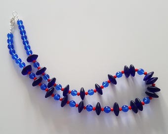 Collier, Collier Des Perles De Différentes Tailles en Verre, Collier Bleu, Collier Bleu Rouge, Collier Bleu Transparent, Cadeau Pour Femme