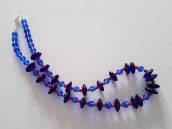 Collier Des Perles De Différentes Tailles en Verre, Collier Bleu Rouge, Transparent, Cadeau Pour Femme