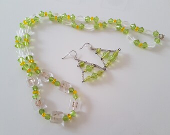 Collier Et Boucles D‘Oreilles, Collier Vert Blanc Jaune, Collier Multicolore, Boucles D’oreilles Pendantes Vertes, Cadeau, Cadeau Pour Femme