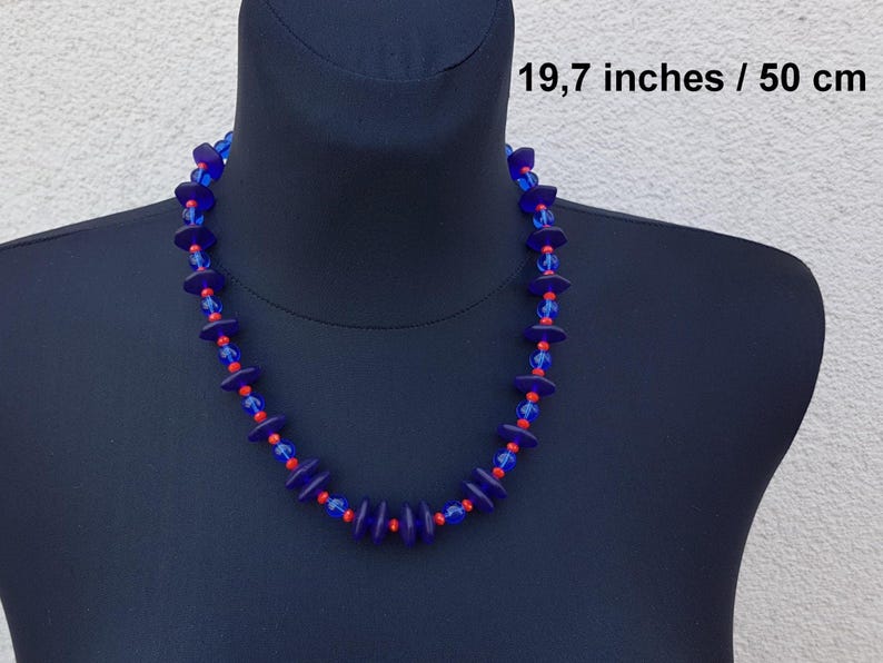 Collier, Collier Des Perles De Différentes Tailles en Verre, Collier Bleu, Collier Bleu Rouge, Collier Bleu Transparent, Cadeau Pour Elle, Cadeau Pour Femme