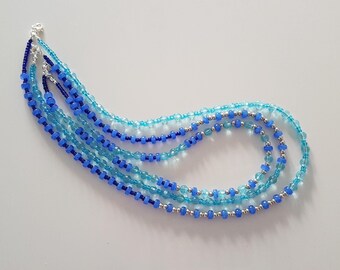 Collier, Collier Des Perles De Différentes Tailles en Verre, Collier Bleu, Collier 3 Rangs, Collier Bleu Transparent, Cadeau Pour Une Femme