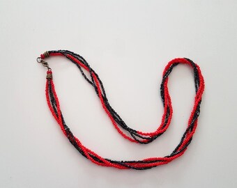 Collier, Collier Perles De Rocailles en Verre, Collier Rouge, Collier Noir Rouge 4 Rangs, Collier Noir, Cadeau Pour Elle, Cadeau Pour Femme
