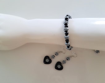 Bracelet Et Boucles D‘Oreilles Des Perles En Acrylique, Bracelet Noir Et Blanc, Boucles D’oreilles Pendantes Noires et Blanches, Cadeau