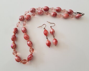 Necklace And Earrings, Transparent Pink Necklace, Pink Drop Earrings, Gift for Women, Gift for Wife, Gift for Mom