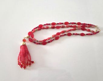 Collier Des Perles De Différentes Tailles en Verre, Collier Rouge Transparent 2 Rangs, Cadeau Pour Elle, Cadeau Pour Femme