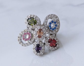 Large Flower Ring Multicolor Statement Boho Fashion Jewelry Vintage Millstone Costume Jewelry Floral Design Ring Sparkly Cocktail Dress