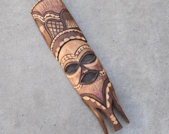 Visage en bois hauteur masque Tenture murale ethnique sculpté Vintage Carnaval anthropologie rituelle populaire fait à la main décor Antique Aleks bijoux