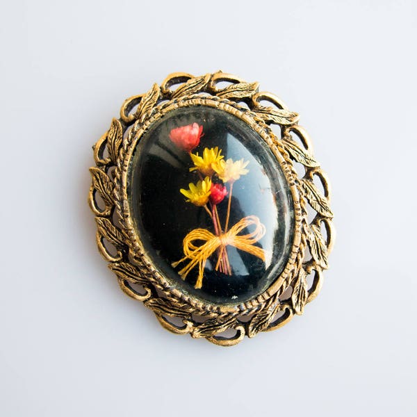 Large Brooch Oval Handmade Flower Victorian Setting Red Yellow Pin Pendant Antique Gold Tone Glass Cabochon Coat Scarf Unique Floral Pin