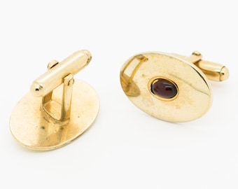 Vintage Anson Cufflinks Oval Gold Tone Center Red Cabochon Stone Gold Tone Antique Classic Geometric - Aleks Jewelry