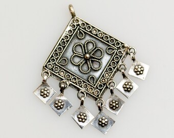 Art Deco Pendant Sterling Silver Dangle Drop Square Charm Flower Design Ornament Pendant Ornate Design - Aleks Jewelry