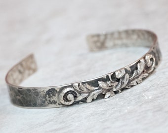 Sterling Bracelet Floral Design Detailed Hammered Texture Cuff Handmade Dimond Cut Stackable Unique Hand Crafted Vintage from 1970's