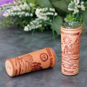 Tequila Glass Set of 2 Natural Leather Handmade Double Shot Bar Liquor Serving Alcohol Lover Gift Glassware Kitchen Shelf Decor Souvenir