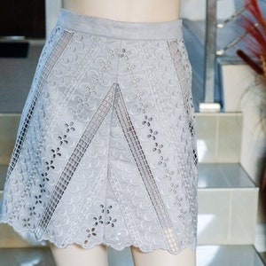 Light Grey Skirt Mini Suede Imitation Floral Fully Lined Scallop Edge A-Line Skirt Wedding Birthday Special Occasion Formal Summer Outfit