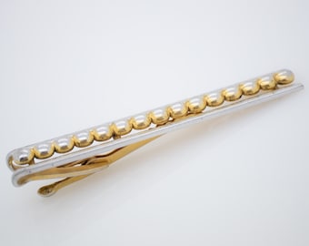 Antique Gold Tie Bar Large Vintage Gold Toned Tie Clip Geometric Bubble Round Openwork Beaded Design and Silver Toned Frame | Aleks Jewelry