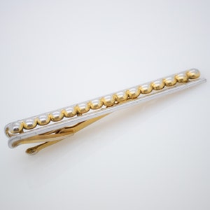 Antique Gold Tie Bar Large Vintage Gold Toned Tie Clip Geometric Bubble Round Openwork Beaded Design and Silver Toned Frame | Aleks Jewelry