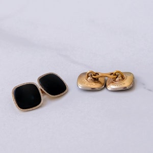 1970&#39;s Gold Plated Faux Onyx Double Sided Cufflinks Square Geometric Wedding Tuxedo Birthday Formal Classic Tie Suit Accessory