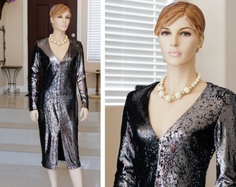 Black Sequin Dress Hand Beaded Fully Lined Formal Special Occasion Vintage Evening Wear Cocktail Dinner Party Classic Tailored Lady Dress