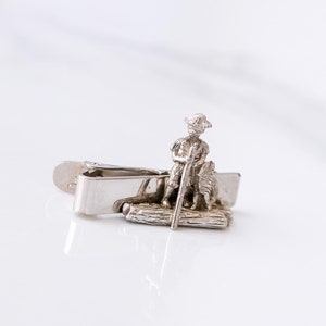Vintage Tie Clip #D Man on Raft Silver Tone Stamped Tie and Suit Accessory Grooms Gift Wedding Birthday Anniversary Gift Idea